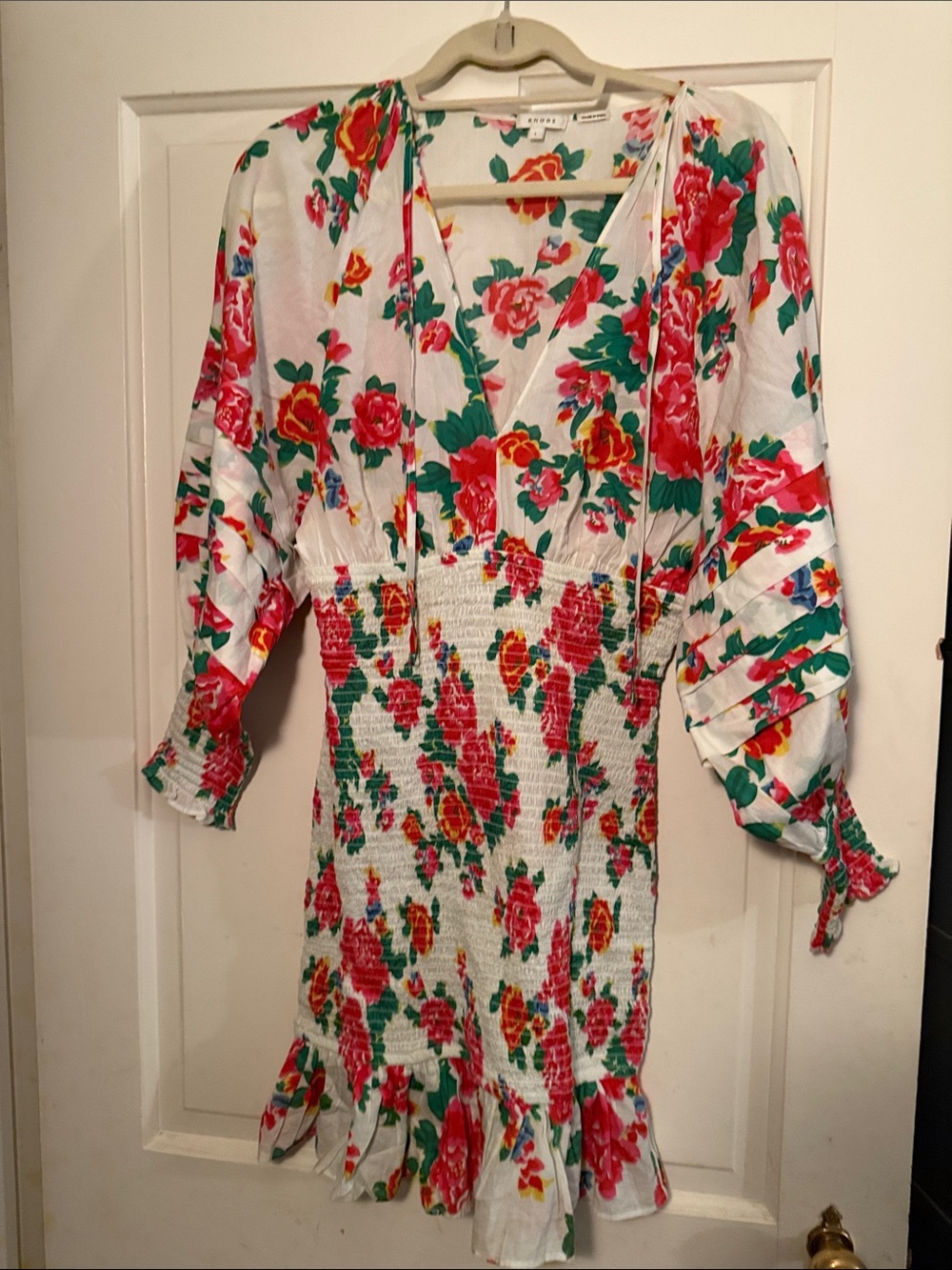 RHODE White Floral Smocked V-Neck Mini Dress with Red & Green Print